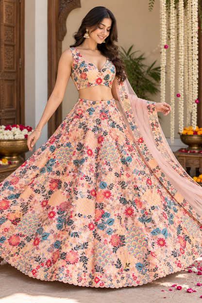 Standing full-length shot showcasing the expansive circular flare and scalloped hemline of a peach-pink lehenga covered in multicolor floral thread embroidery.