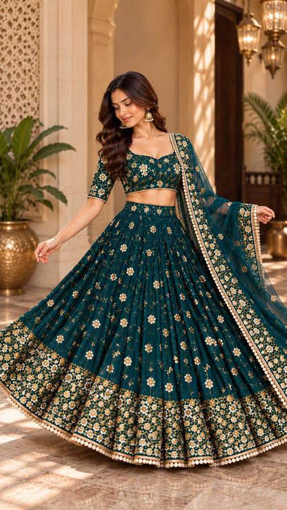 Dynamic full-length twirl shot showcasing the expansive circular flare, heavy floral border, and pearl scalloped hem of a deep teal lehenga skirt.