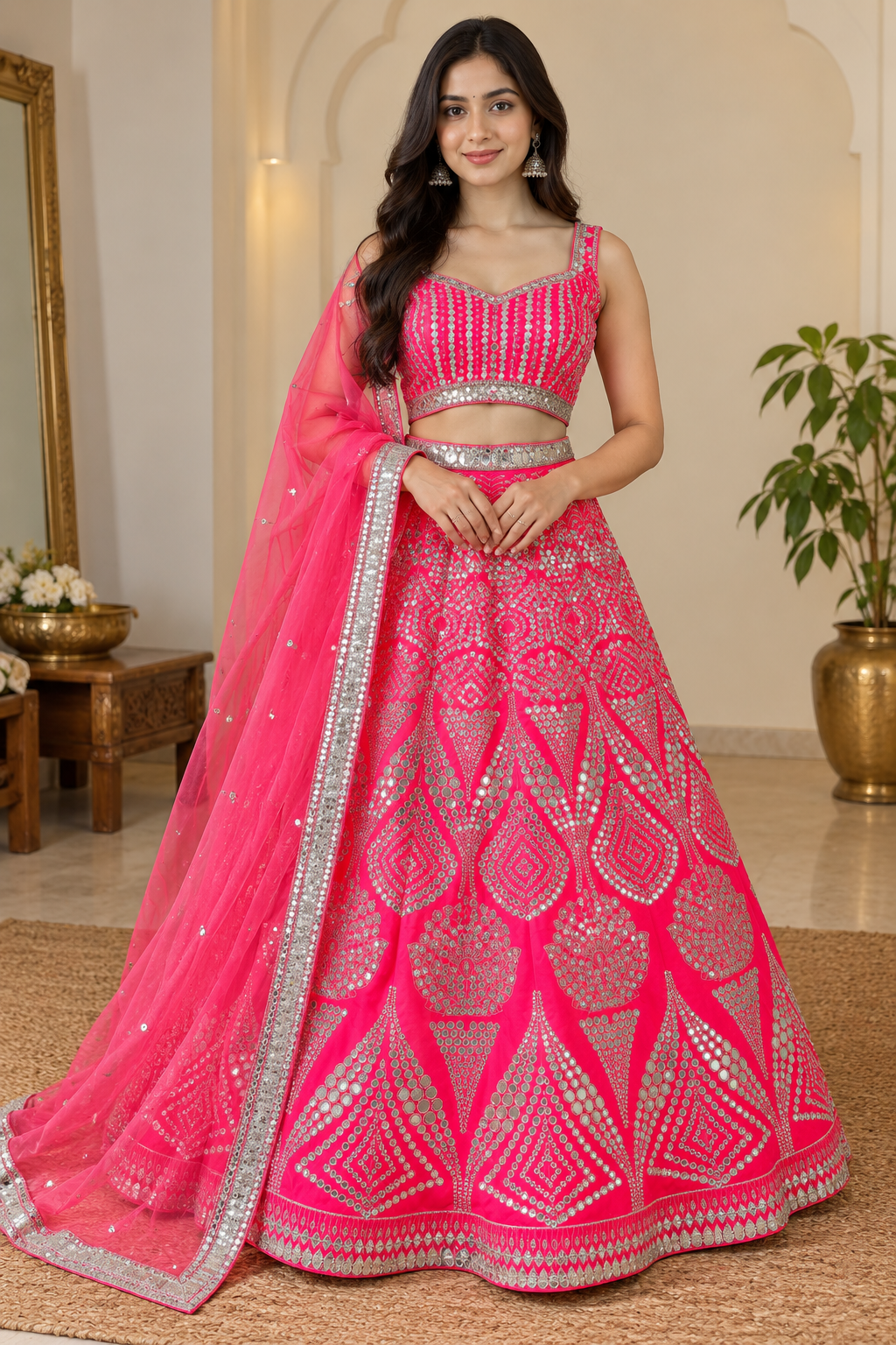 Standing full-length front view of a model in a luxury interior wearing a hot-pink flared lehenga adorned with silver mirror embroidery and a sleeveless crop choli.