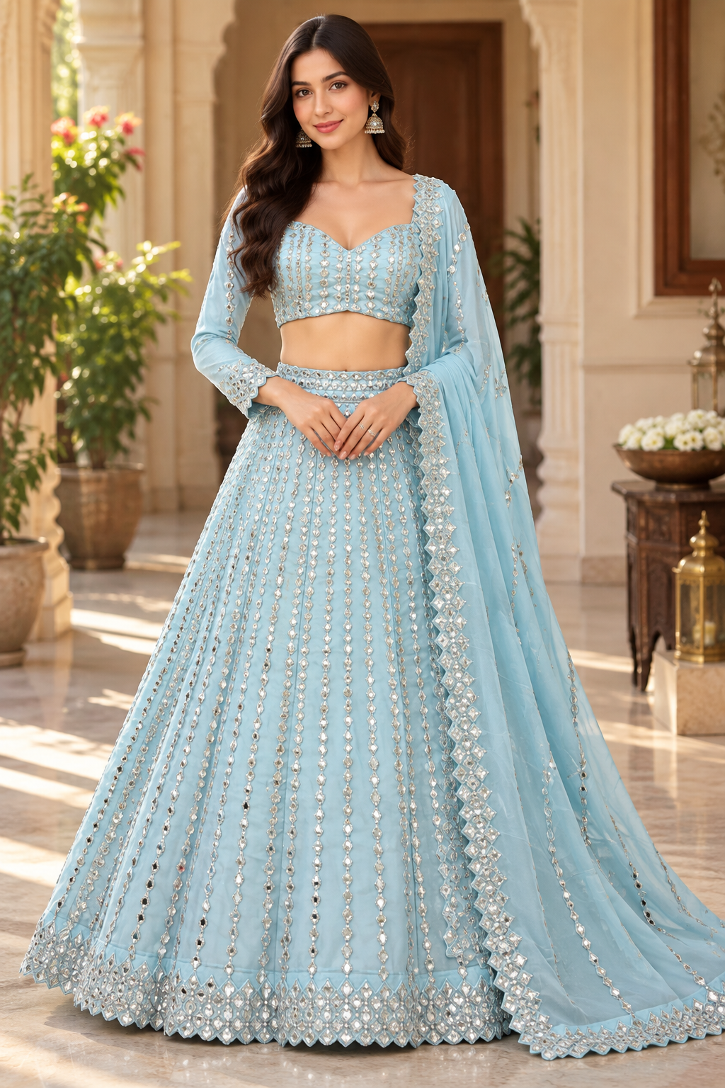 Standing full-length front view of a model wearing a heavily embellished pastel sky-blue flared lehenga with silver mirror embroidery and scalloped hem.