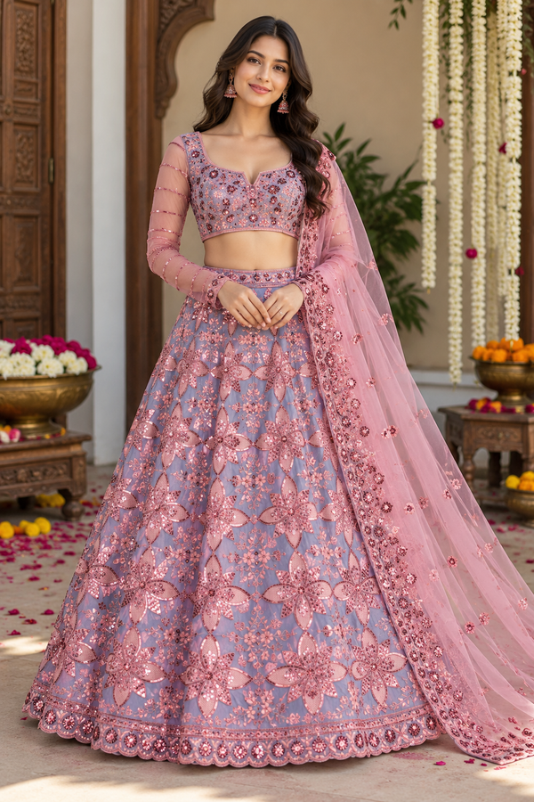 Lavender Pink Malburi Silk Floral Sequin Lehenga Choli Outfit