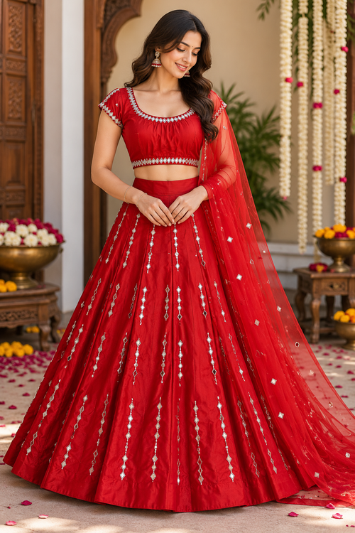 Red Mirror Work Lehenga Choli with Satin Silk Embroidered Dupatta