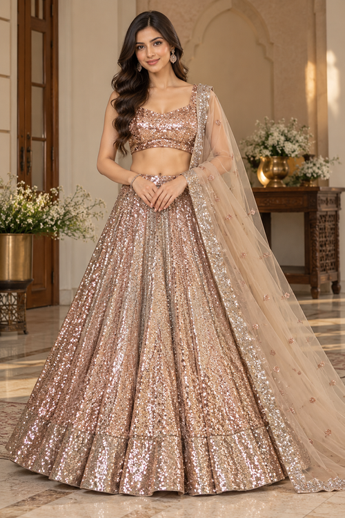 Rose Gold Dual Sequin Lehenga Choli Set with Soft Net Dupatta