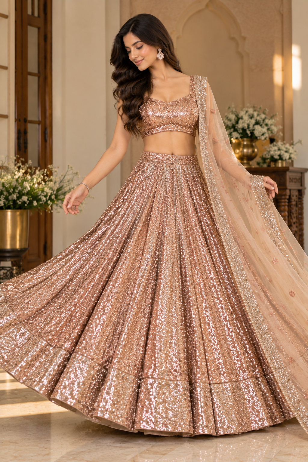 Full-length shot capturing the wide circular flare and shimmering panelling of an allover rose gold sequined lehenga skirt in a sunlit interior.