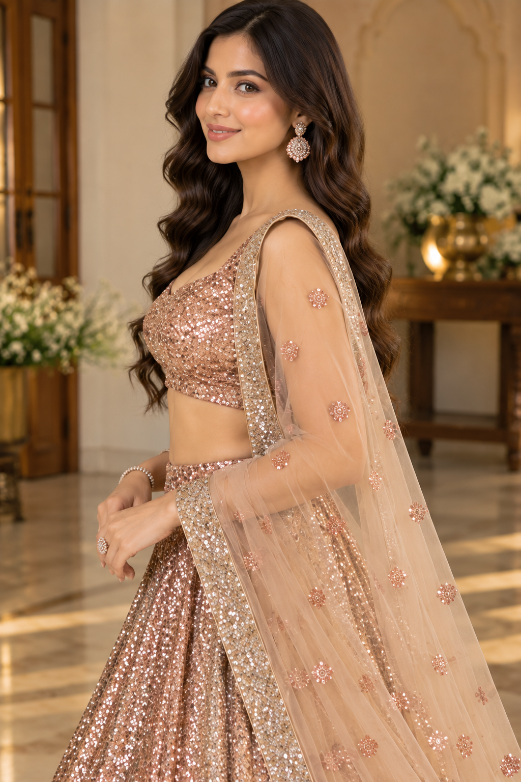 Three-quarter side profile view of a model showing the flared circular silhouette and matching sheer sequin-embellished net dupatta drape of a rose gold lehenga.