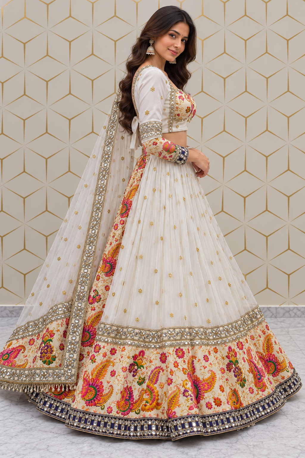 Side profile full-length view showing the flare and intricate multi-colored paisley hem border of an ivory lehenga paired with a mirror-bordered sheer dupatta.