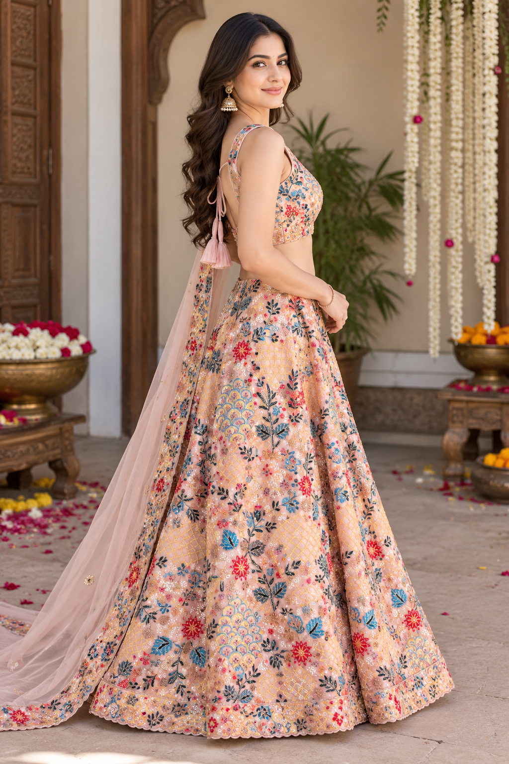 Side profile full-length view of a model wearing a peach-pink flared lehenga with a deep-back tie-up tassel blouse and draped sheer dupatta.