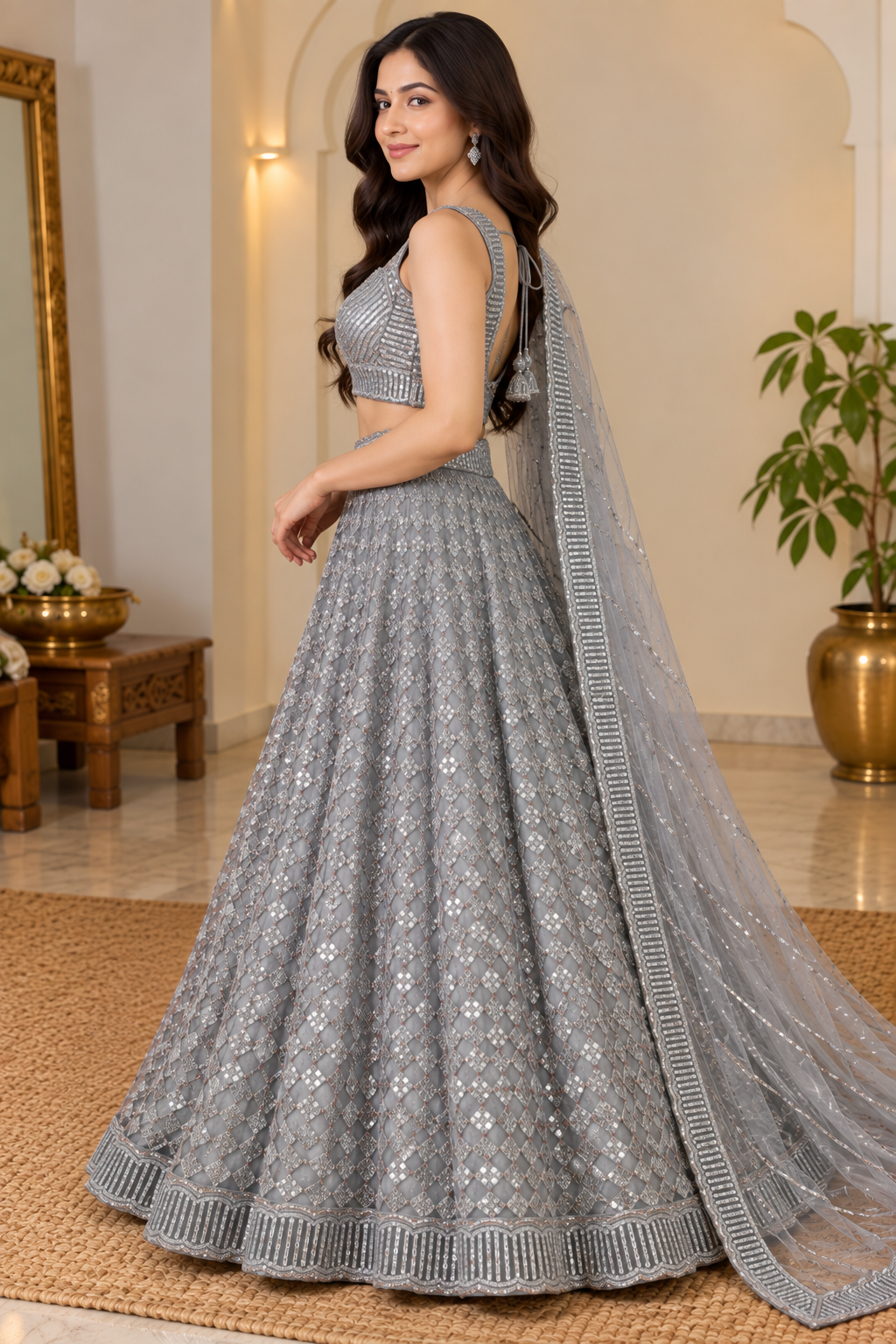 Side profile full-length view showing the circular silhouette, geometric diamond jaal, and draped sheer dupatta of a silver-grey lehenga.