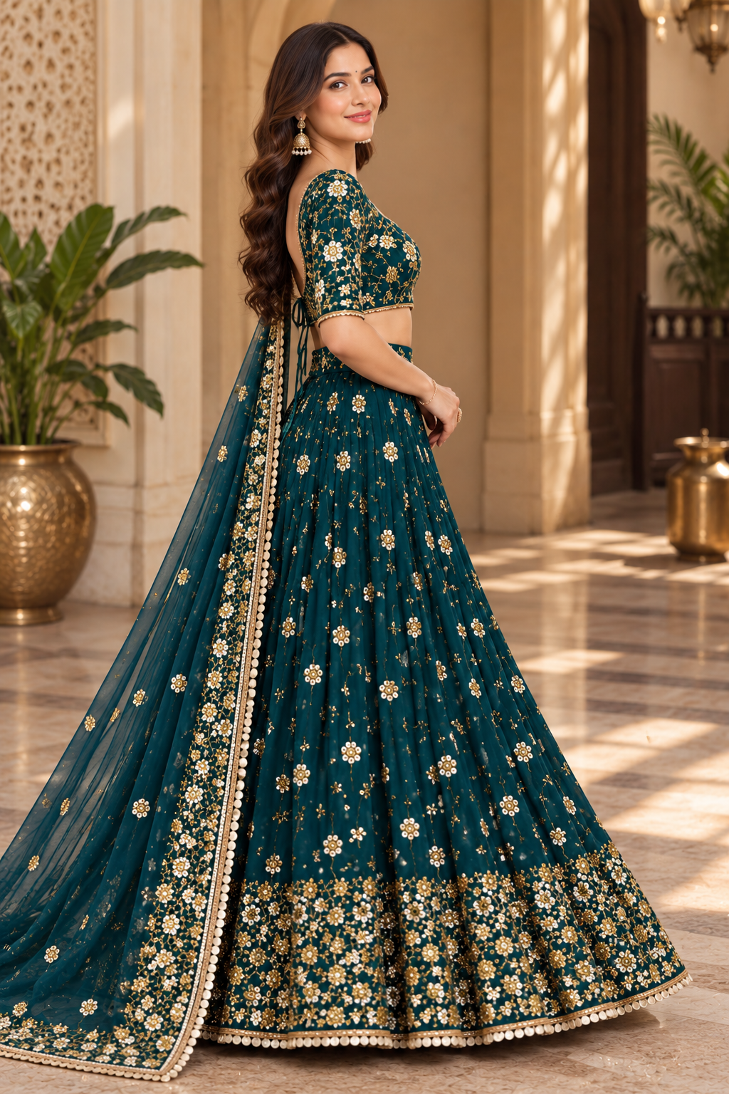 Side profile full-length view showing the circular silhouette, dense hemline embroidery, and sheer dupatta drape of a peacock teal bridal lehenga.