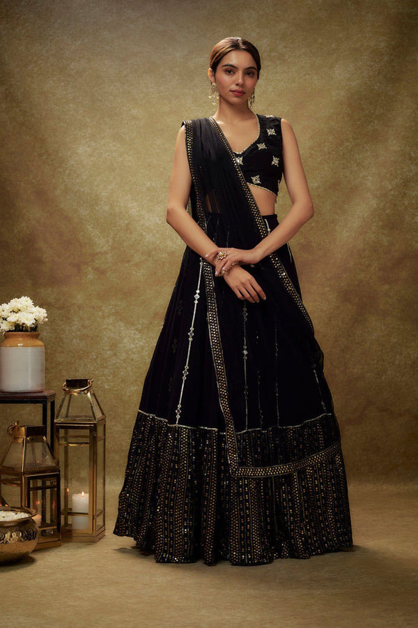 Black Sequin Mirror Work Georgette Lehenga Choli Festive Set