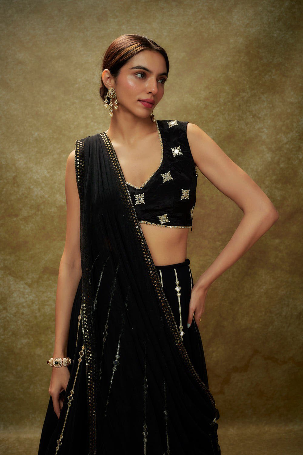 Black Sequin Mirror Work Georgette Lehenga Choli Festive Set