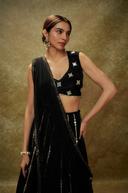 Black Sequin Mirror Work Georgette Lehenga Choli Festive Set