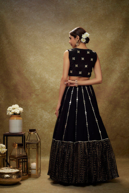 Black Sequin Mirror Work Georgette Lehenga Choli Festive Set