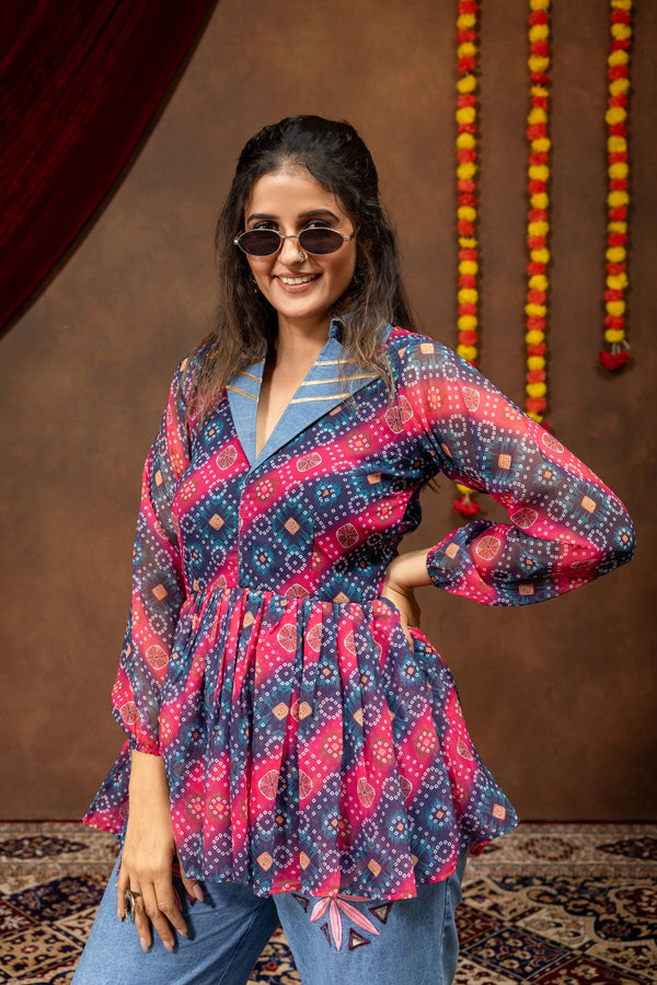 Women's Navratri Denim Kediya Set with Mirror Work & Gota Lace