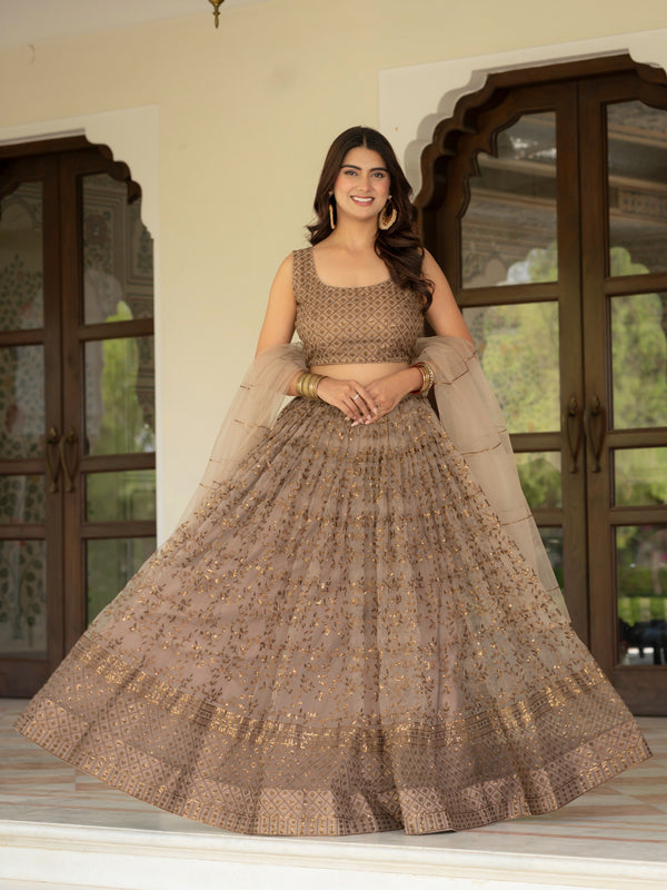 Taupe Zari Embroidered Net Lehenga Choli Ensemble with Dupatta