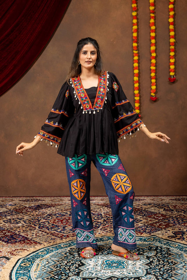 Navratri Black Rayon Kediya with Mirror Work & Denim Jeans Set