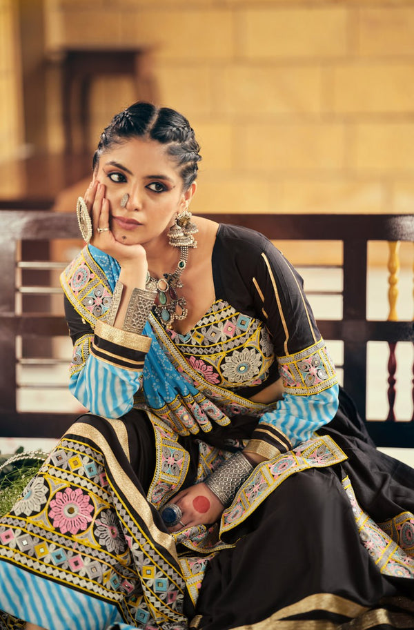 Black Mirror Work Rayon Lehenga Choli Set with a Blue Dupatta