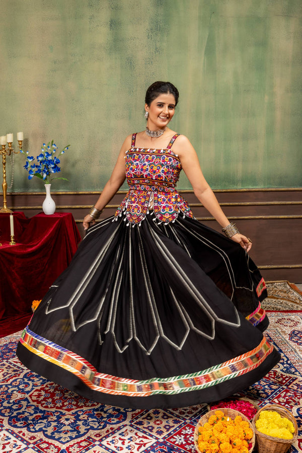 Black Navratri Lehenga Choli with Multicolor Floral Embroidery