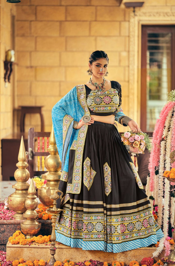 Black Mirror Work Rayon Lehenga Choli Set with a Blue Dupatta