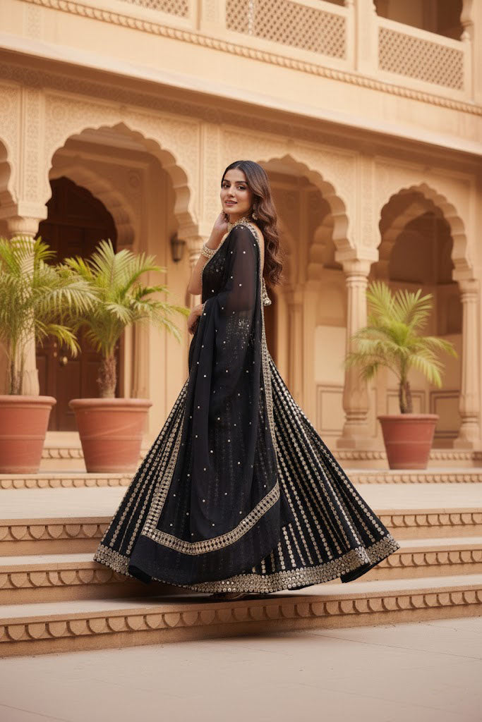 Full-length side profile view of a model in a palace setting wearing a black embroidered lehenga with a matching sheer dupatta drape.