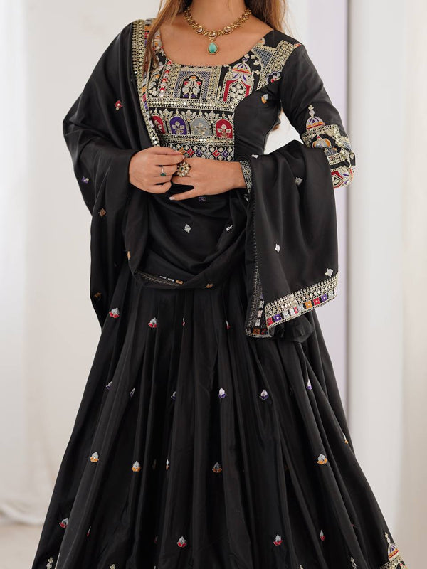 Black Multicolor Embroidered Sequin French Crepe Lehenga Set
