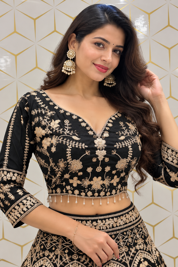 Black Chinon Silk Embroidered Lehenga Choli Party Wear Outfit