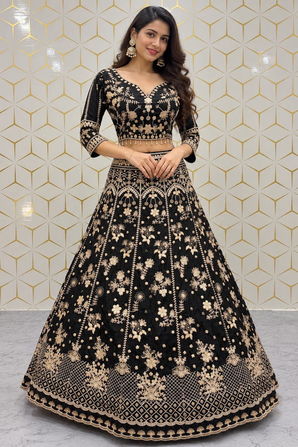 Black Chinon Silk Embroidered Lehenga Choli Party Wear Outfit