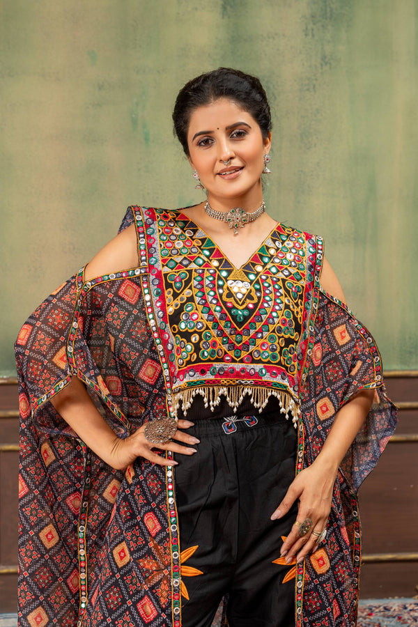 Multicolor Mirror Work Kaftan with Embroidered Cotton Jeans Set