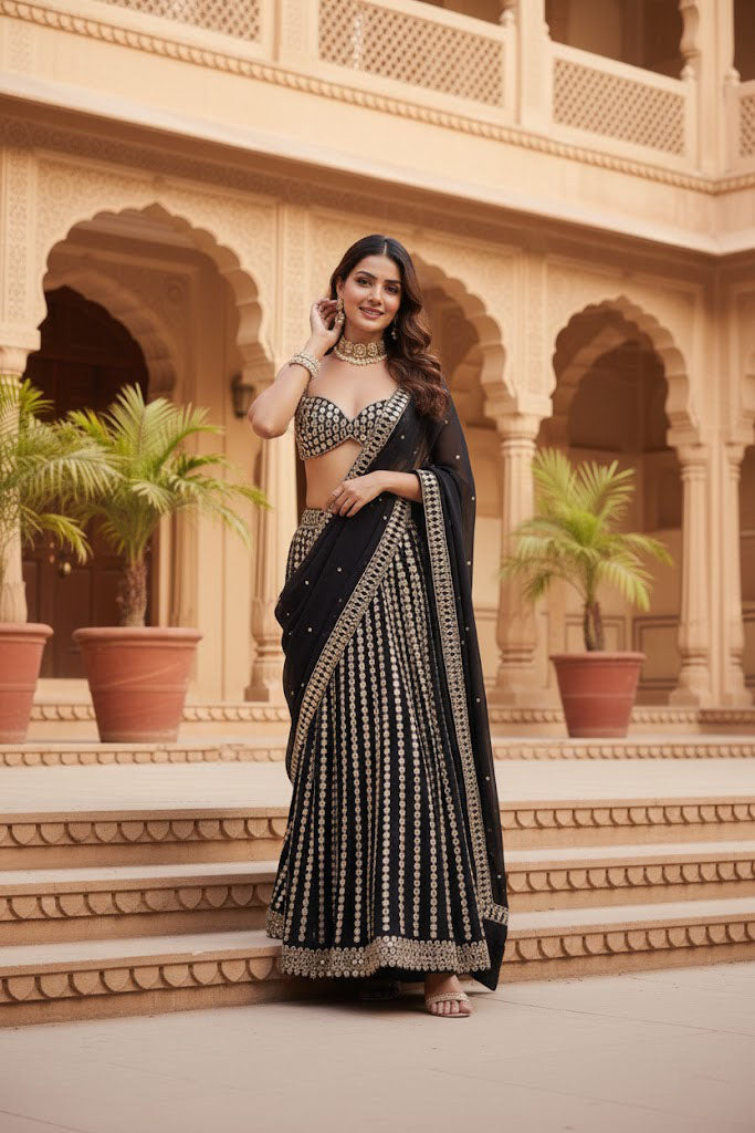 Full-length front view of a model standing on courtyard steps wearing a black mirror-work lehenga choli set with floral neck jewelry.