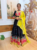 Black & Yellow Heavy Embroidered Rayon Lehenga Choli Set Ethnic