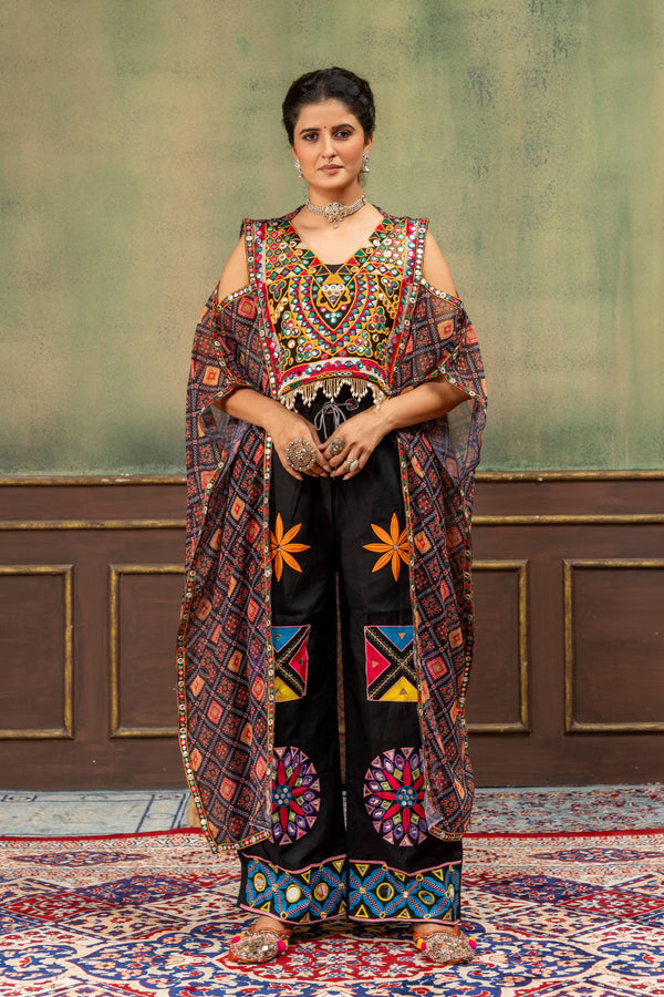 Multicolor Mirror Work Kaftan with Embroidered Cotton Jeans Set