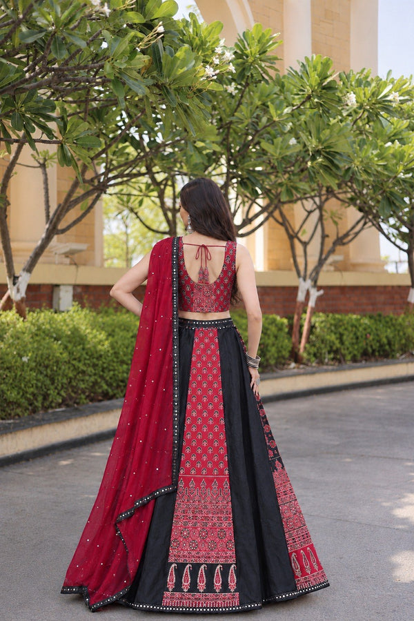 Red Black Printed Lehenga Choli with Mirror Lace Dupatta Set