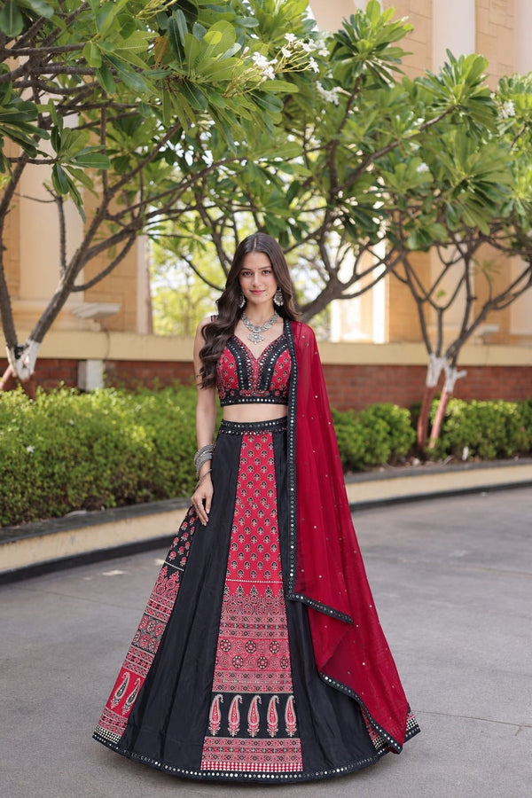 Red Black Printed Lehenga Choli with Mirror Lace Dupatta Set