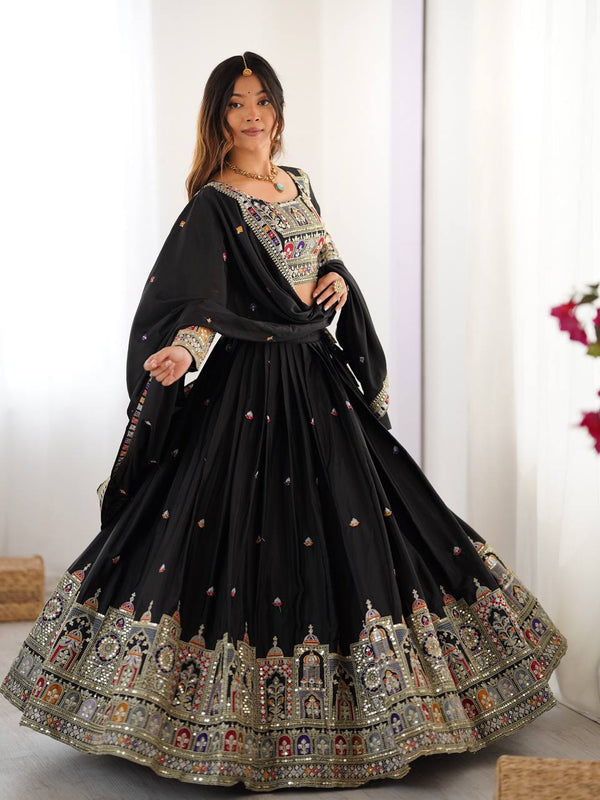 Black Multicolor Embroidered Sequin French Crepe Lehenga Set