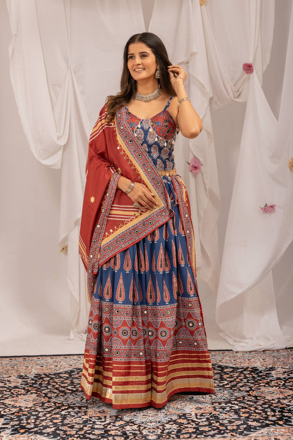Blue & Rust Ajrakh Printed Mirror Work Lehenga Choli Ensemble