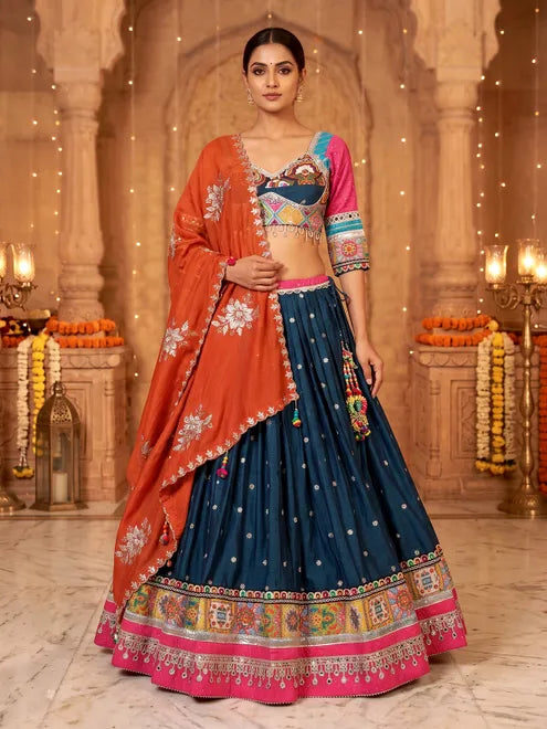 Enchanting Sky-Blue Mirror Work Chinon Traditional Palazzo Suit