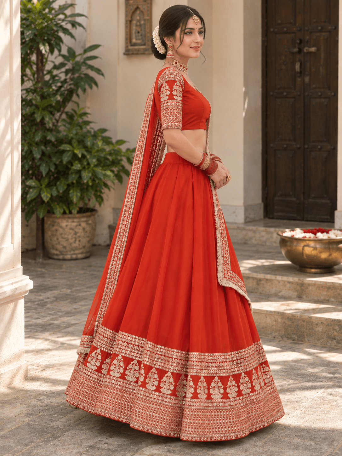 Side view of flared brick red lehenga skirt showcasing intricate gold-embroidered hemline and pleated flare