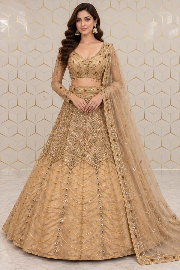 Champagne Sequin Dori Work Butterfly Net Lehenga Choli Outfit