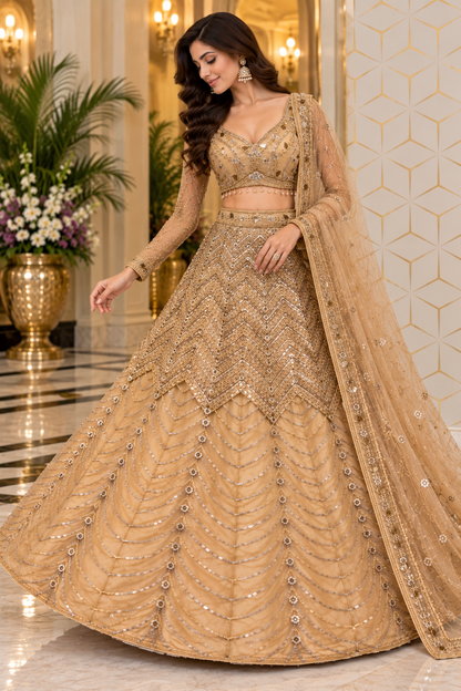 Standing full-length shot showcasing the wide circular flare and draped scallop pattern of a champagne gold embroidered lehenga skirt.