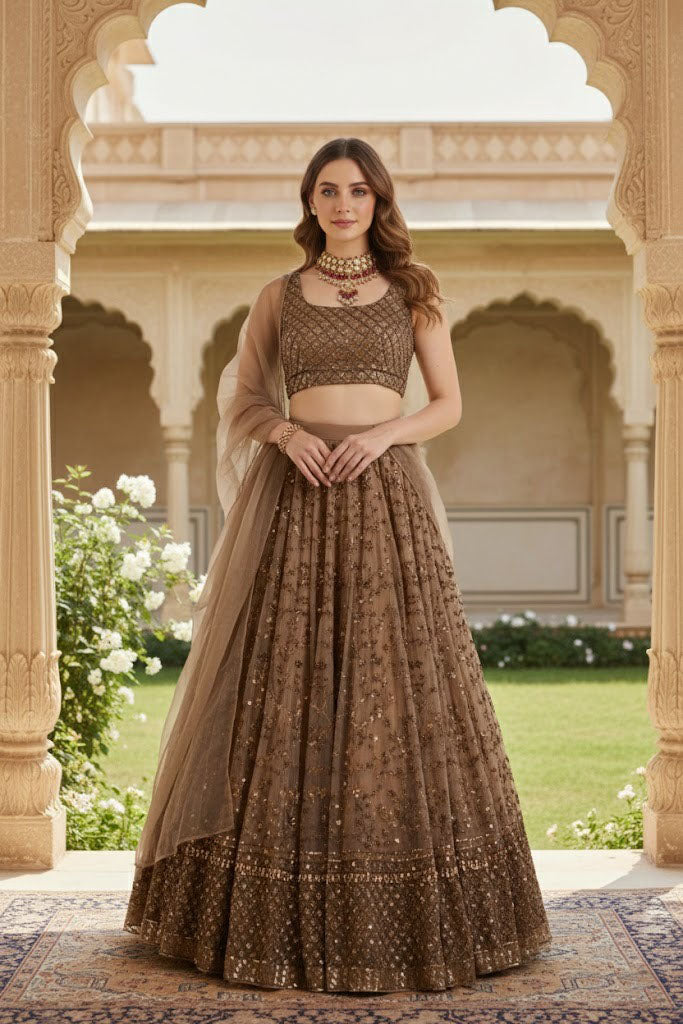 Full-length shot of a model posed in a heritage courtyard wearing an embellished coffee brown lehenga choli set with matching net dupatta.