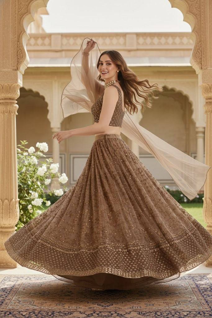 Dynamic full-length twirl pose showcasing the wide flare and embroidered geometric border of a coffee brown lehenga with flying sheer dupatta.