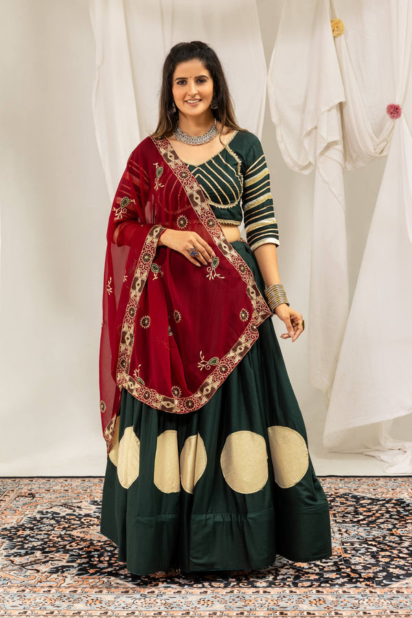 Deep Green Rayon Lehenga Choli with Maroon Embroidered Dupatta