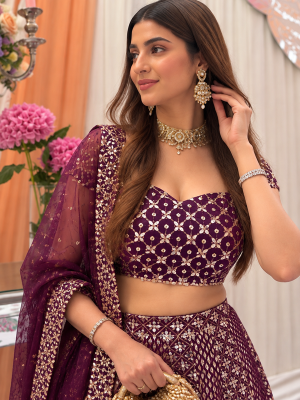 Wine Sequin Zari Lehenga Choli with Embroidered Border Dupatta