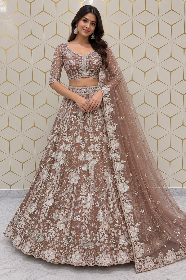 Mauve Brown Floral Sequin Dori Work Butterfly Net Lehenga Set
