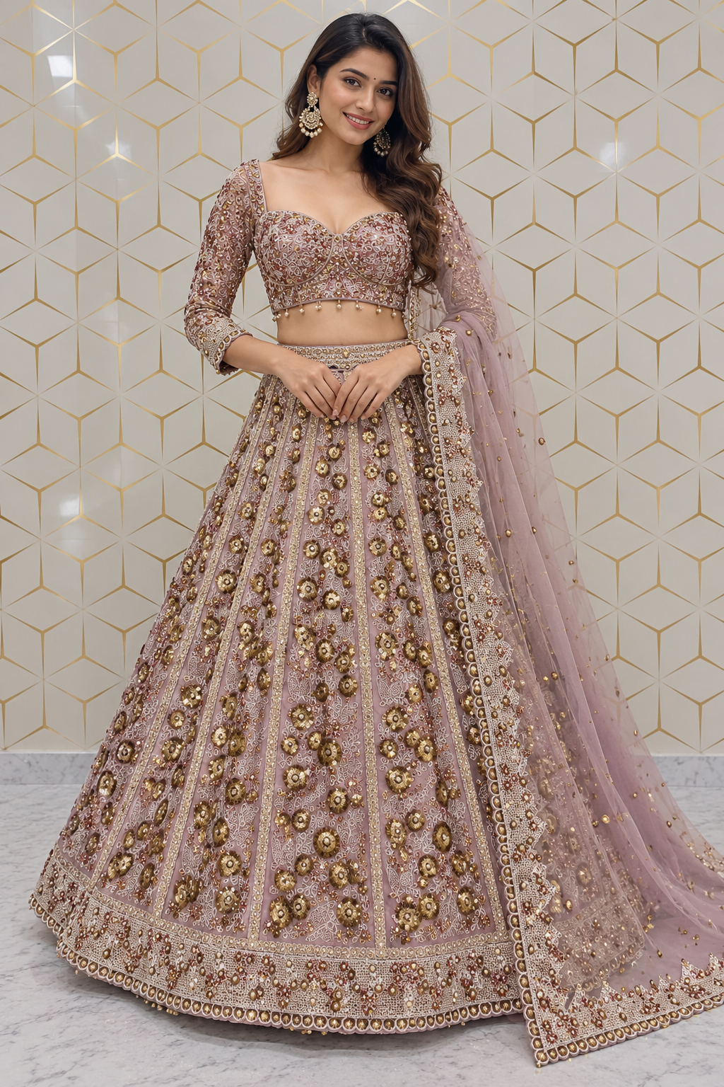 Standing full-length front view of a model in a heavily embellished dusty mauve lehenga choli paired with a matching embroidered sheer net dupatta.