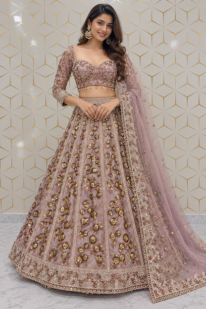 Standing full-length front view of a model in a heavily embellished dusty mauve lehenga choli paired with a matching embroidered sheer net dupatta.