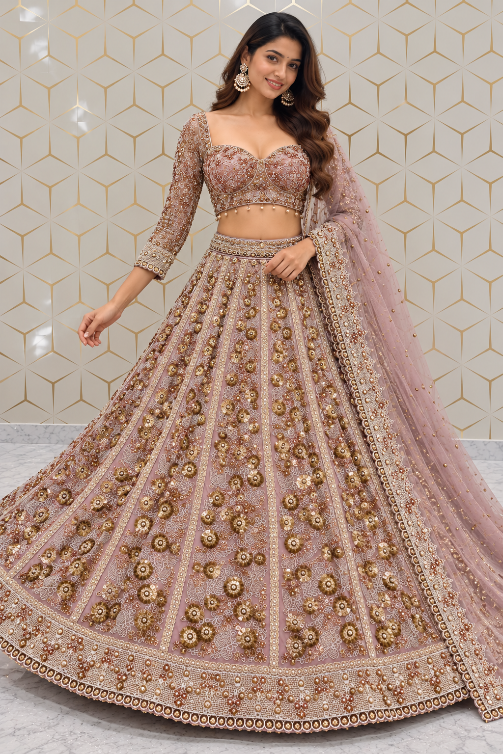 Full-length shot showcasing the circular flared silhouette and heavy embellished hem border of a dusty mauve and gold bridal lehenga set.