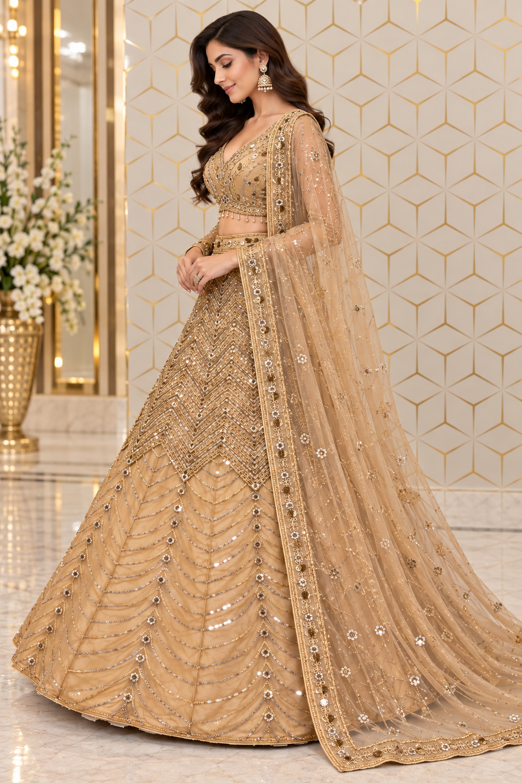 Side profile full-length view of a model in an ornate interior wearing a champagne gold flared lehenga with sheer full-sleeve choli and net dupatta.