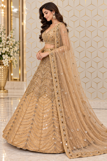 Side profile full-length view of a model in an ornate interior wearing a champagne gold flared lehenga with sheer full-sleeve choli and net dupatta.