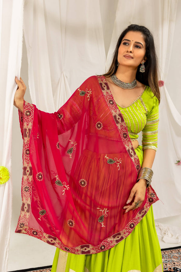 Lime Green Indian Lehenga Choli with Pink Embroidered Dupatta Set